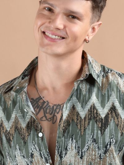 Green Chevron Half Sleeve Viscose Shirt